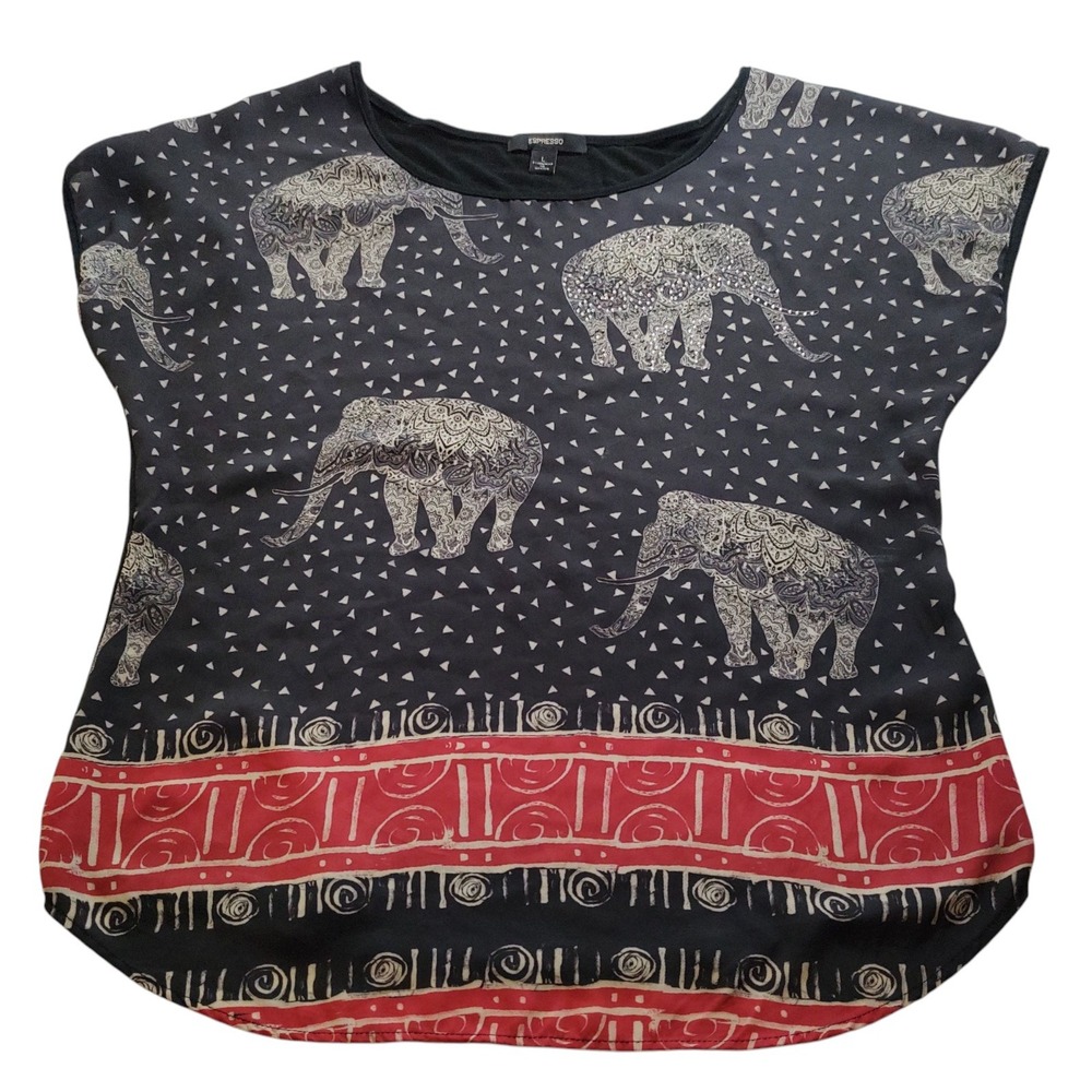 Espresso Blouse Womens Size Large Elephant Print Short Sleeve Boho Bearded